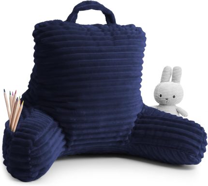 Reading Pillow for Kids ?C Back Pillow for Sitting in Bed, Plush Bed Pillows for Sitting Up in Bed, Navy Kids Reading Pillow, Shredded Foam Bed Chair Pillow with Arms and Pockets