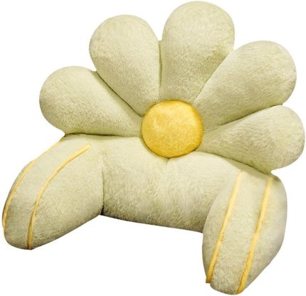 Reading Bed Rest Pillow with Arm Support, Cute Flower Shaped Faux Fur Backrest Support Reading Pillow for Sitting up in Bed, Washable Cover (Green, Large)